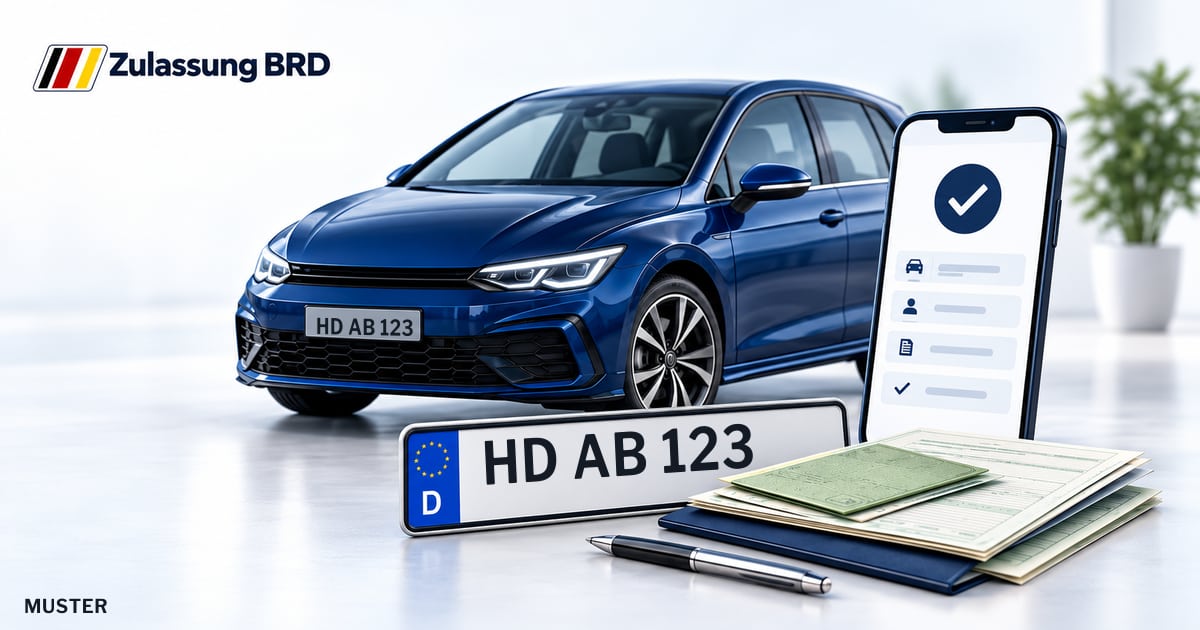 Online Fahrzeugzulassung in Schriesheim: Musterkennzeichen HD AB 123, Auto und Fahrzeugpapiere und Smartphone. Illustration mit Logo von Zulassung BRD.
